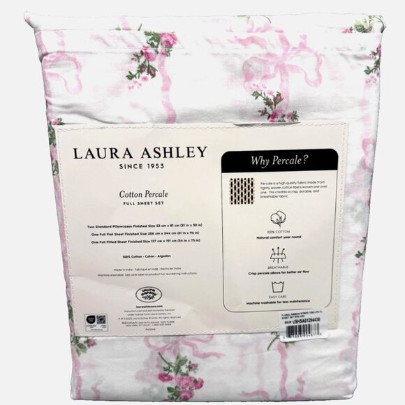 4pc Laura Ashley FULL Sheet Set FLORAL RIBBON STRIPE Bows Pink Roses Cottage NEW - Picture 5 of 9